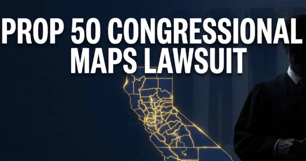 Prop 50 congressional maps lawsuit 2026 guide showing stylized California district map with legal gavel
