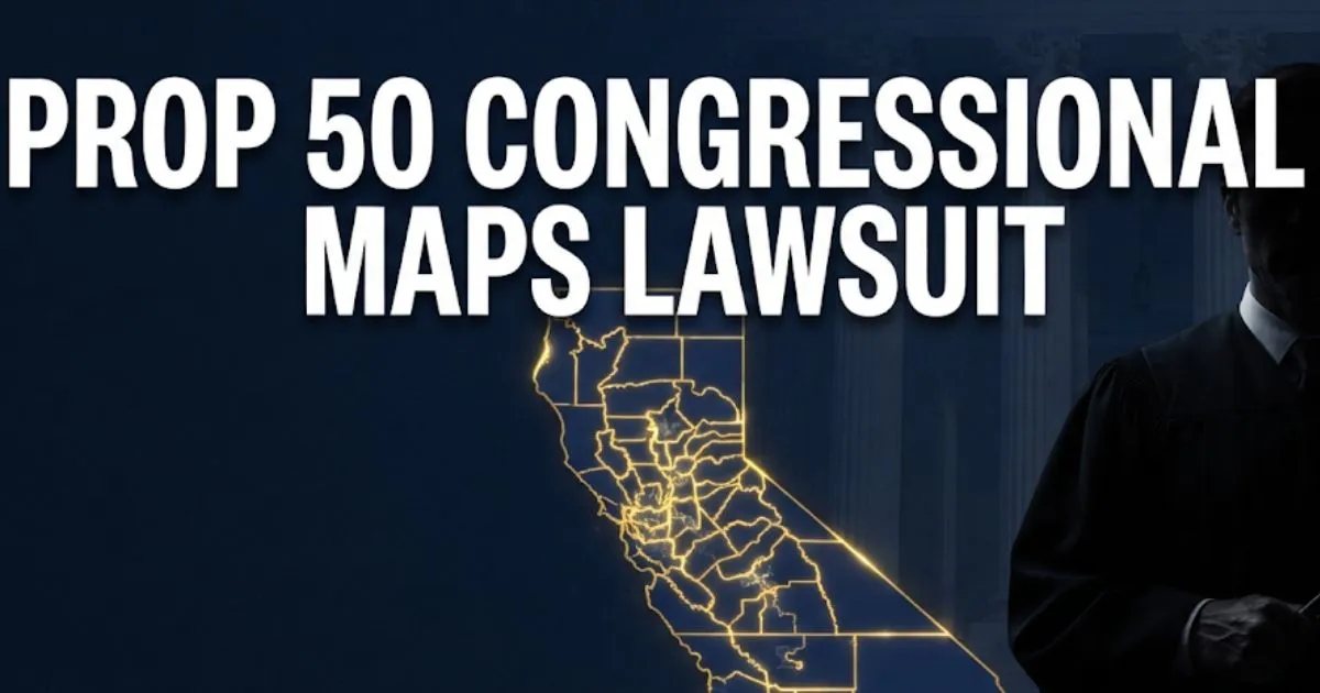 Prop 50 congressional maps lawsuit 2026 guide showing stylized California district map with legal gavel