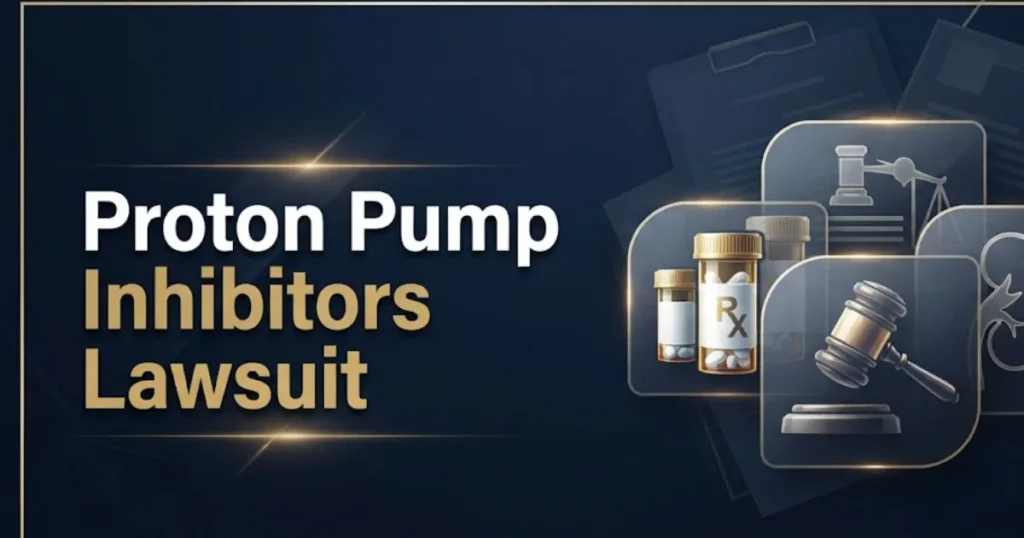 Proton pump inhibitors lawsuit 2026 banner with legal gavel and pill bottle icons