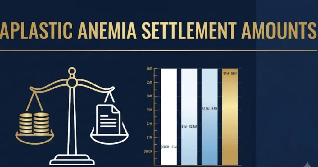 Railroad aplastic anemia settlement amounts infographic with payout ranges and legal scale icon