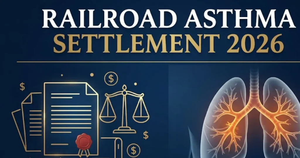Railroad asthma settlement 2026 graphic with legal symbols and lung inflammation diagram