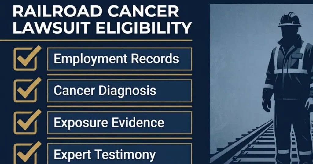 Railroad cancer lawsuit eligibility checklist infographic with worker silhouette and evidence categories