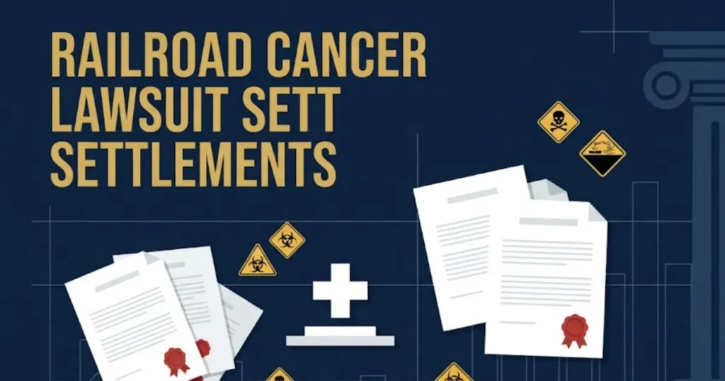 Railroad cancer lawsuit settlement amounts infographic with legal and medical icons