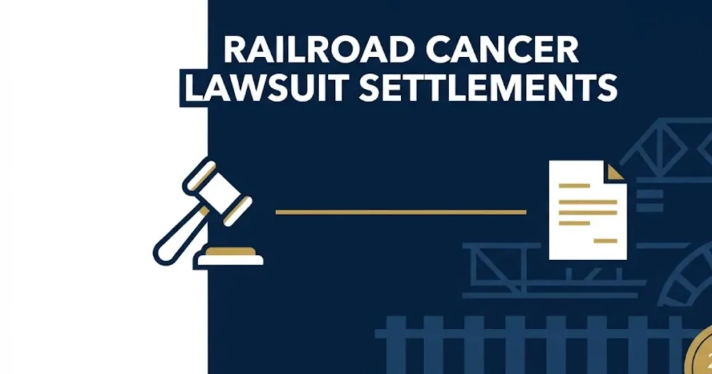 Railroad cancer lawsuit settlements infographic showing gavel and settlement document for 2026