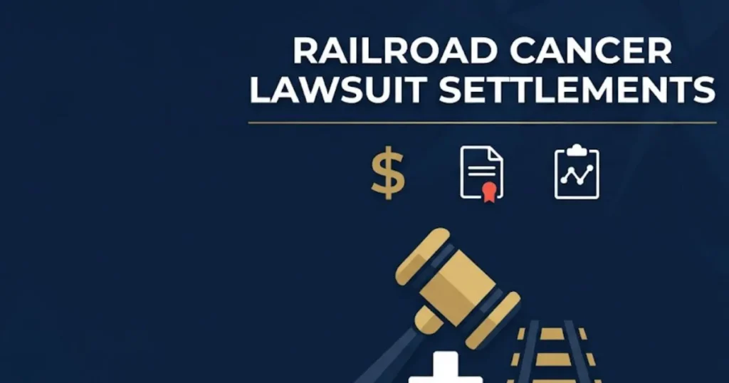 Railroad cancer lawsuit settlements infographic with legal and medical icons on navy background
