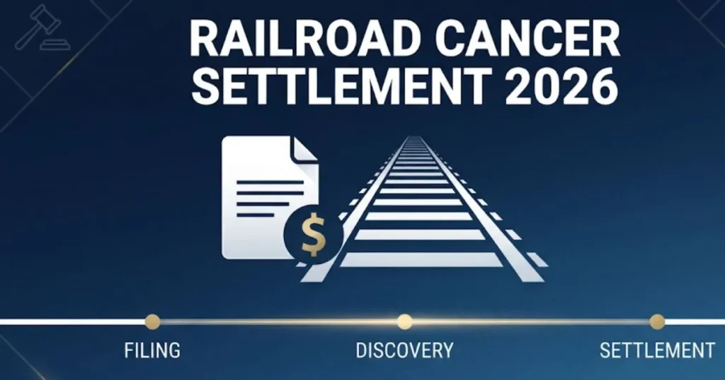Railroad cancer settlement 2026 timeline graphic with legal and medical icons on navy background