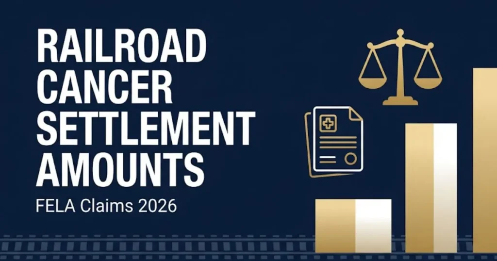Railroad cancer settlement amounts infographic showing FELA claim values for 2026