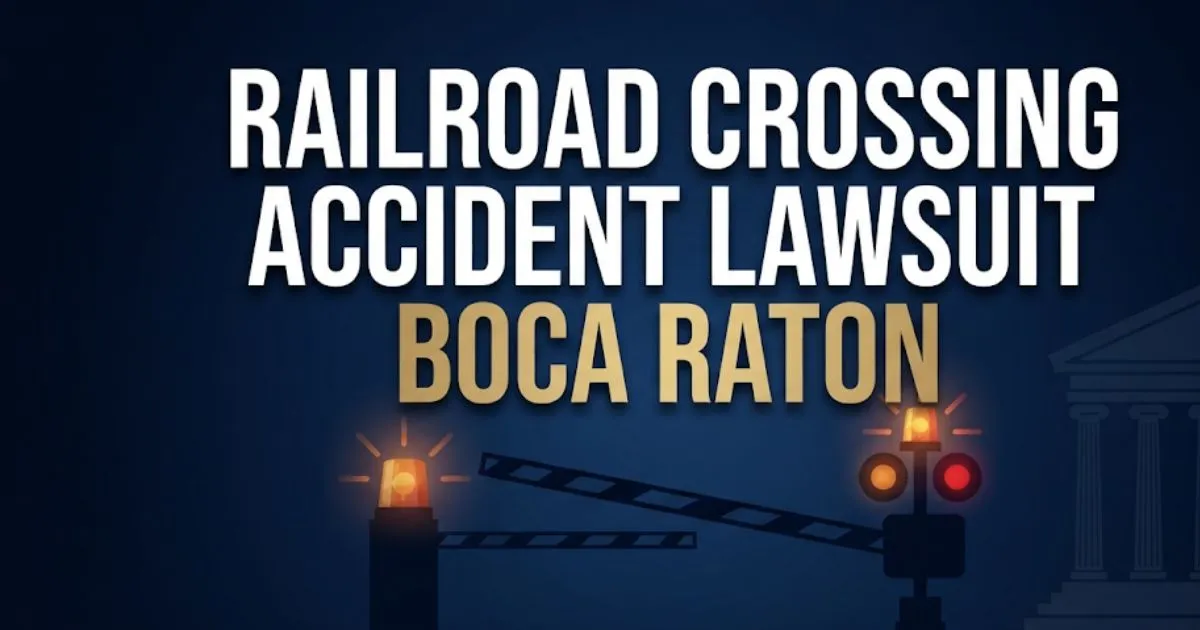 Railroad crossing accident lawsuit Boca Raton hero banner with crossing gates and courthouse silhouette