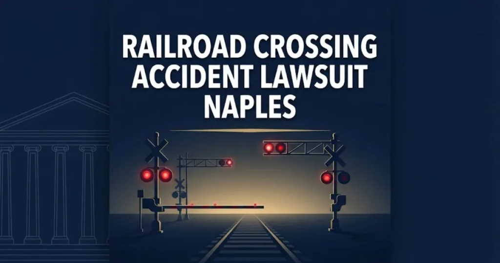 Railroad crossing accident lawsuit Naples hero banner with crossing signals and courthouse silhouette