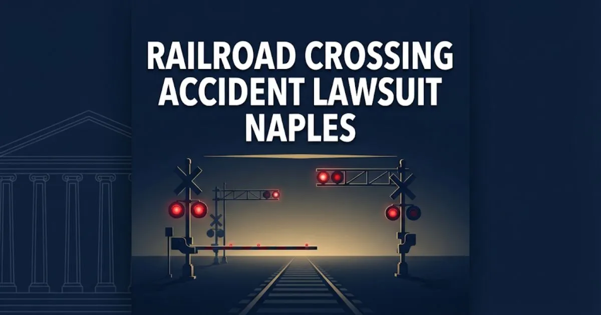 Railroad crossing accident lawsuit Naples hero banner with crossing signals and courthouse silhouette