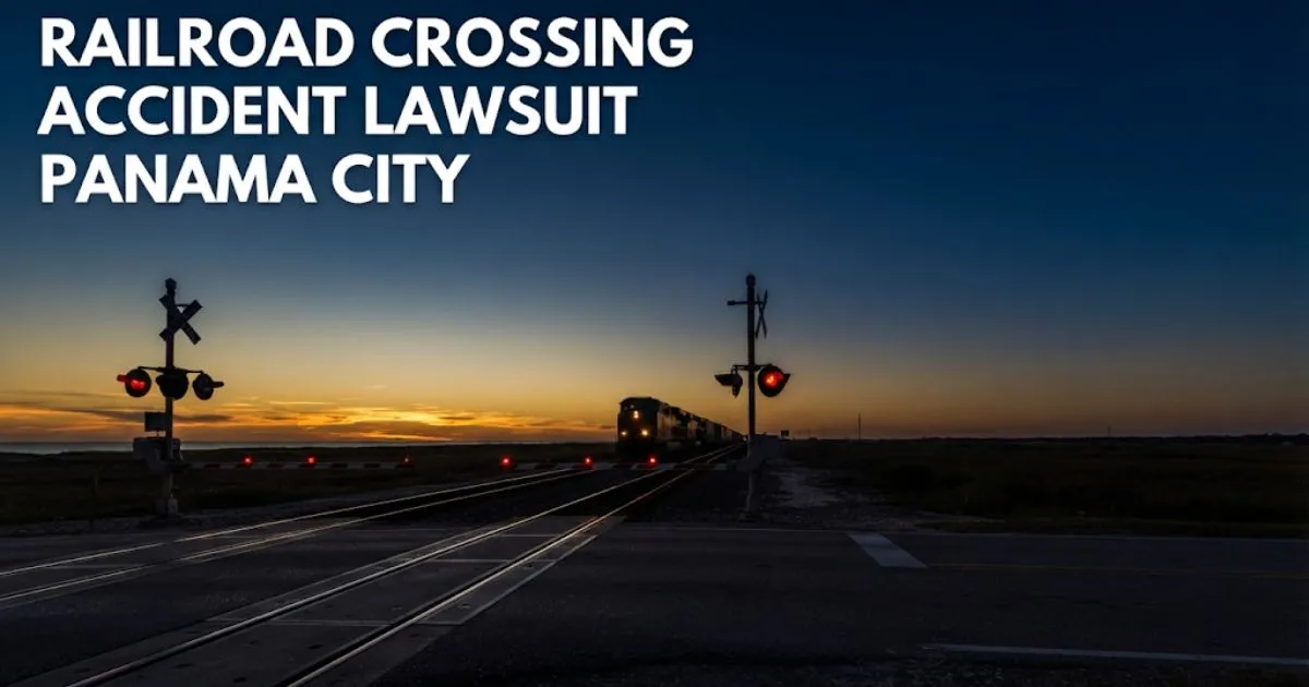 Railroad crossing accident lawsuit Panama City hero banner with train crossing at dusk and warning signals