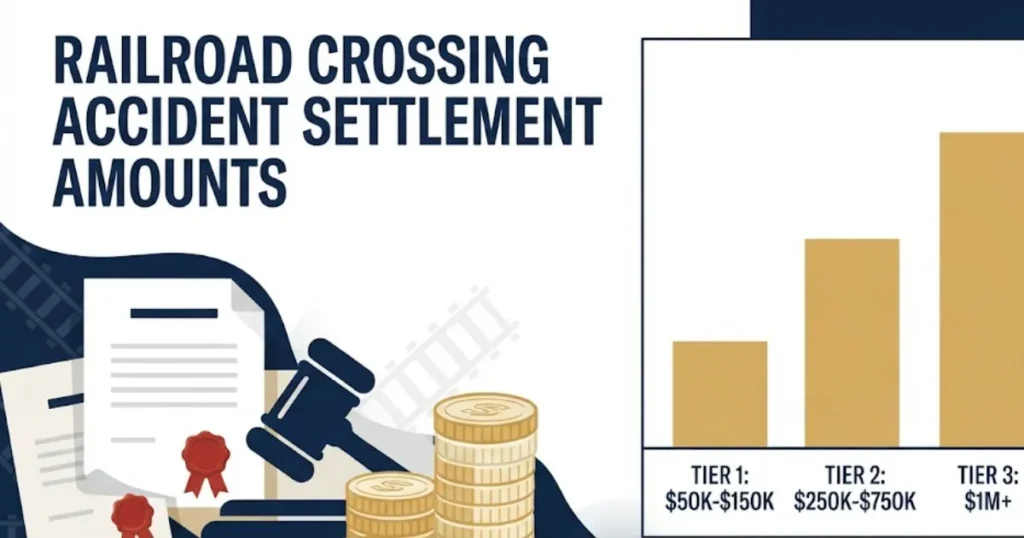 Railroad crossing accident settlement amounts infographic with gavel and compensation chart elements