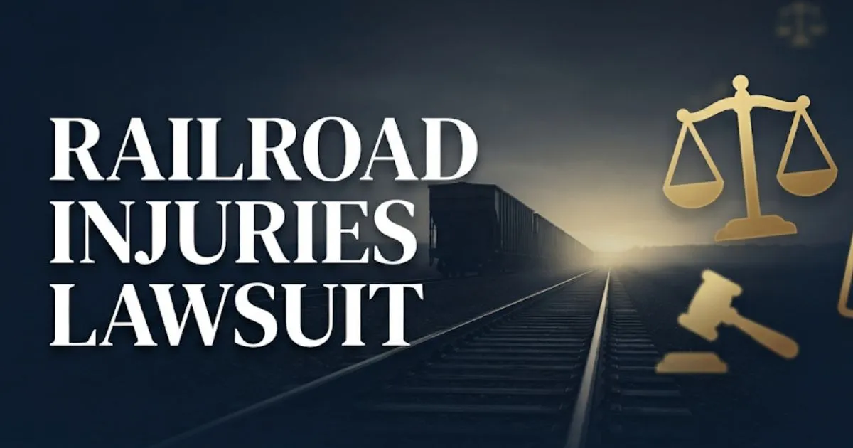 Railroad injuries lawsuit 2026 guide banner with train tracks and legal symbols