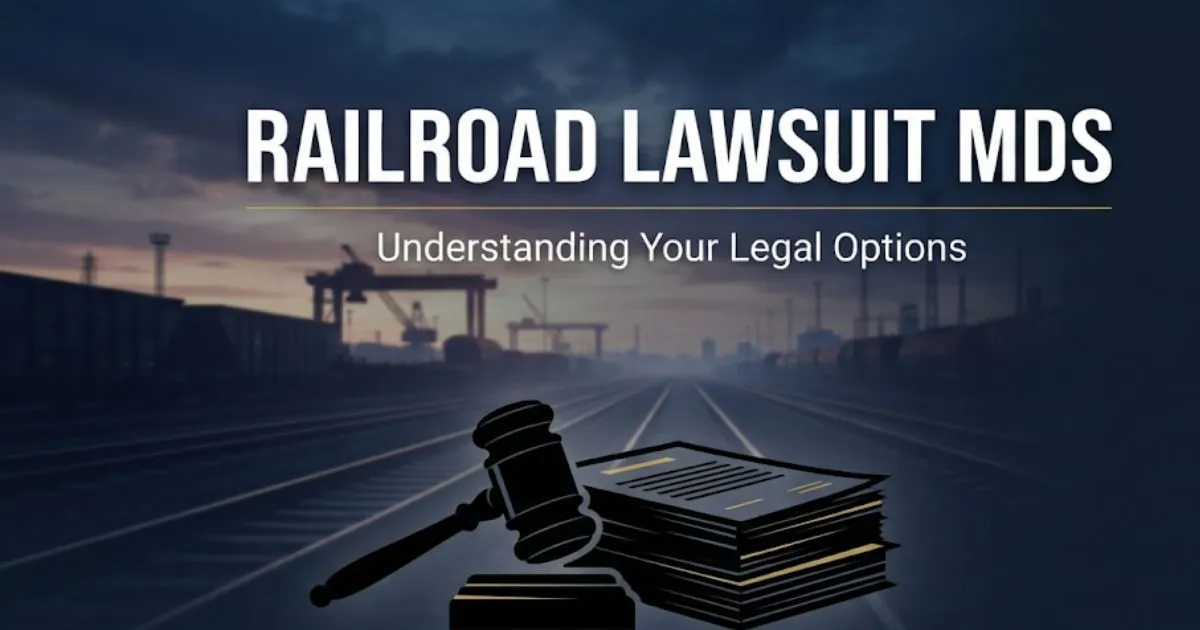 Railroad lawsuit MDS 2026 guide banner with gavel and train tracks in navy and gold design