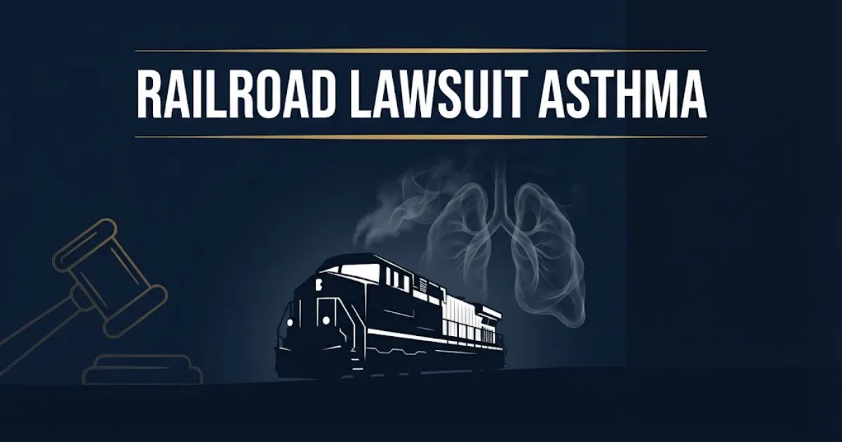 Railroad lawsuit asthma hero banner with locomotive silhouette and lung-shaped exhaust plumes