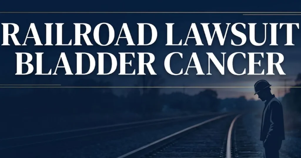 Railroad lawsuit bladder cancer 2026 guide banner with railroad tracks and worker silhouette