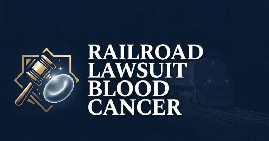 Railroad lawsuit blood cancer 2026 legal guide hero banner with train and gavel imagery