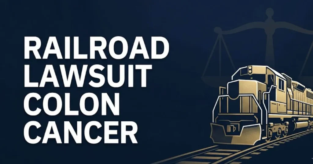 Railroad lawsuit colon cancer hero banner with train silhouette and legal scales on navy background