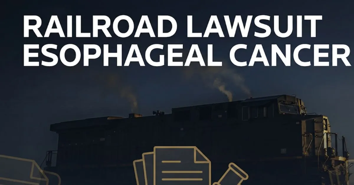 Railroad lawsuit esophageal cancer 2026 guide hero banner with locomotive and legal symbols