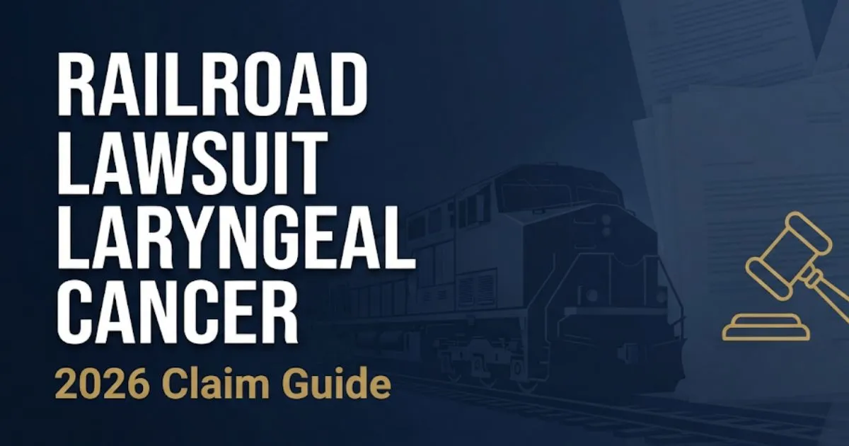 Railroad lawsuit laryngeal cancer 2026 claim guide banner with locomotive silhouette and legal symbols