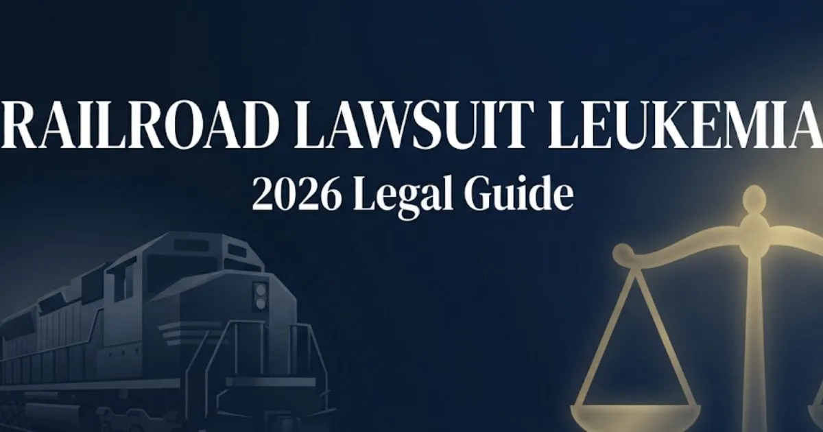 Railroad lawsuit leukemia 2026 legal guide banner with locomotive silhouette and justice scale