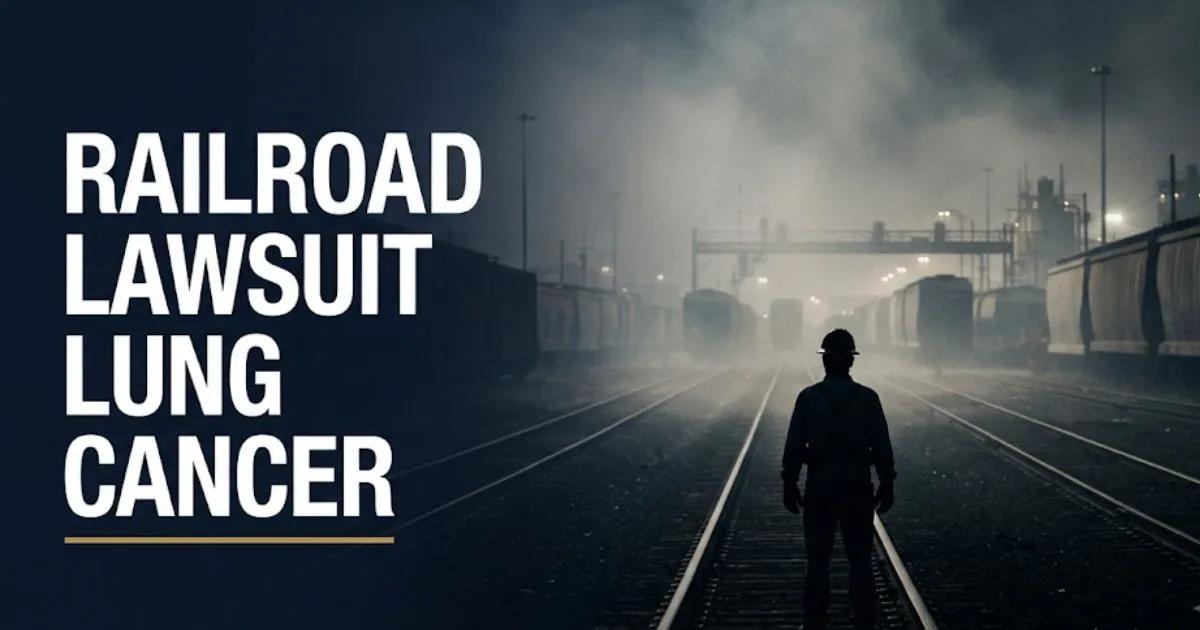 Railroad lawsuit lung cancer hero banner with rail yard silhouette and bold headline text
