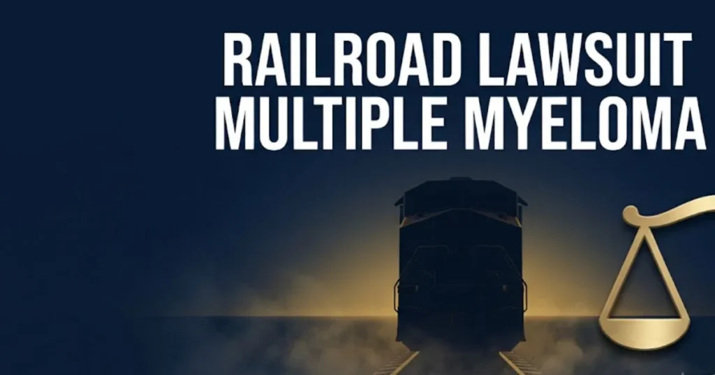 Railroad lawsuit multiple myeloma 2026 claims guide hero banner with train silhouette and legal scales