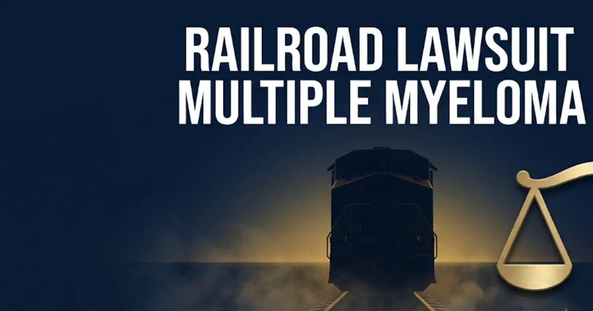 Railroad lawsuit multiple myeloma 2026 claims guide hero banner with train silhouette and legal scales