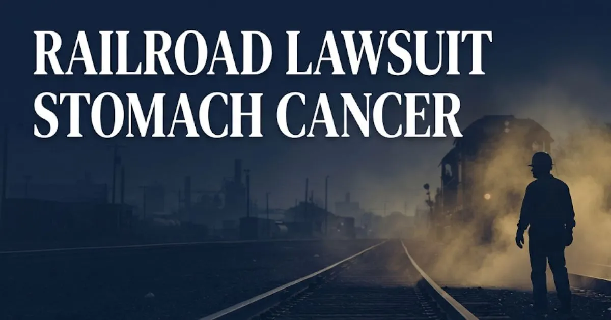 Railroad lawsuit stomach cancer guide with railroad tracks and worker silhouette in legal themed banner