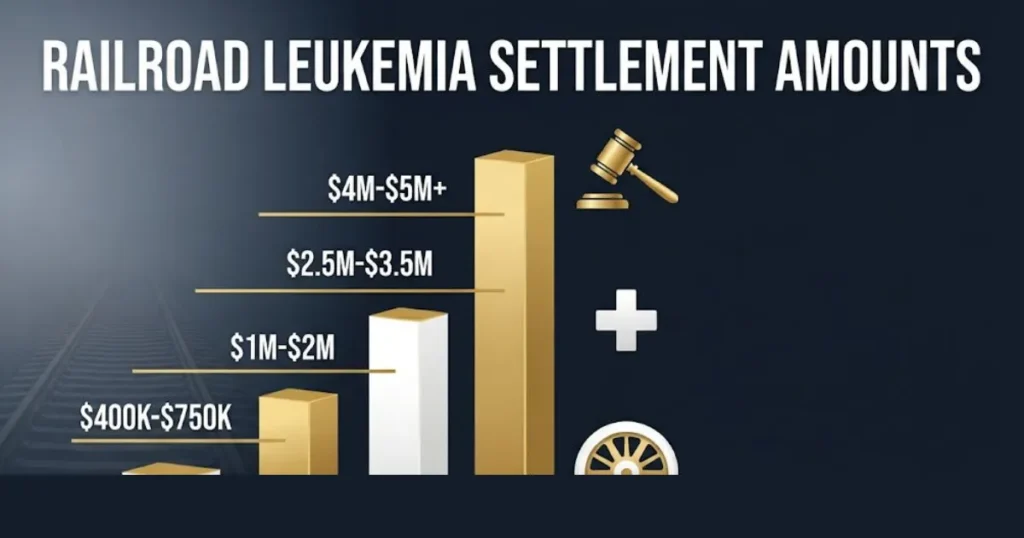 Railroad leukemia settlement amounts infographic showing payout ranges for 2026 claims