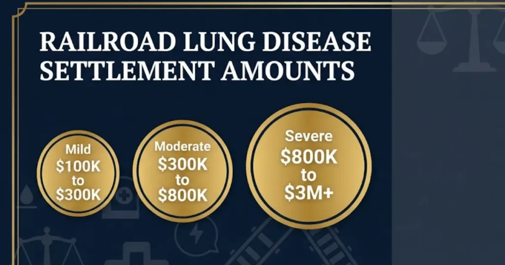 Railroad lung disease settlement payout amounts infographic showing three compensation tiers