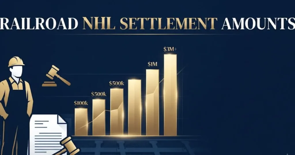 Railroad non hodgkins lymphoma settlement amounts chart with worker silhouette and legal icons