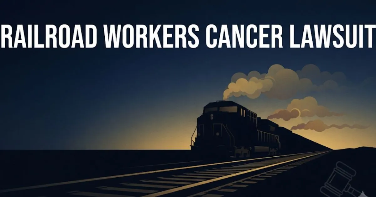 Railroad workers cancer lawsuit 2026 guide banner with train silhouette and legal theme
