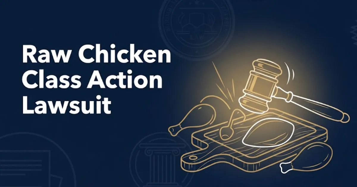 Raw chicken class action lawsuit hero banner with gavel and poultry illustration in navy and gold