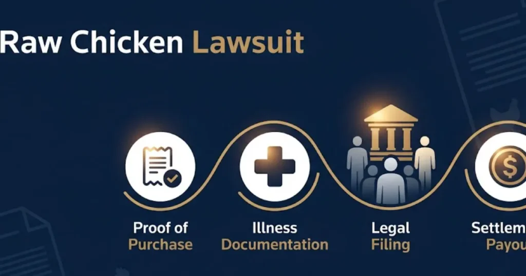 Raw chicken lawsuit settlement process infographic with timeline icons in navy and gold design