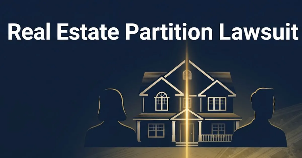 Real estate partition lawsuit guide banner showing divided house silhouette with legal symbols on navy background