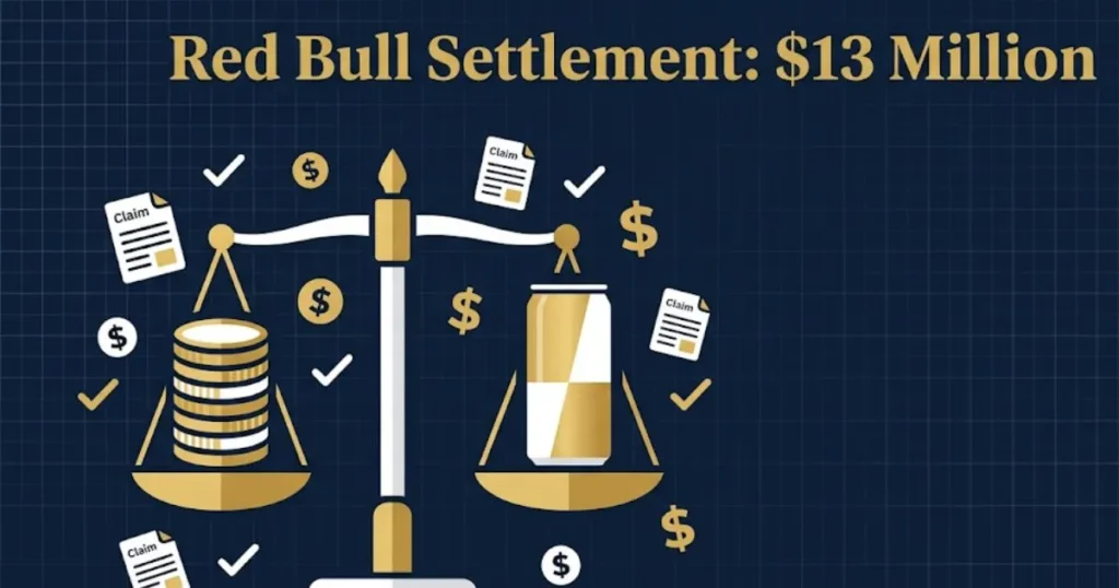 Red Bull lawsuit over wings settlement infographic showing $13 million payout breakdown with legal icons