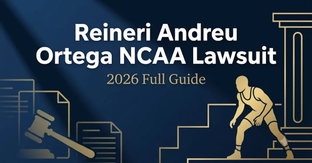 Reineri Andreu Ortega NCAA lawsuit 2026 guide banner with athlete silhouette and legal symbols on navy background.