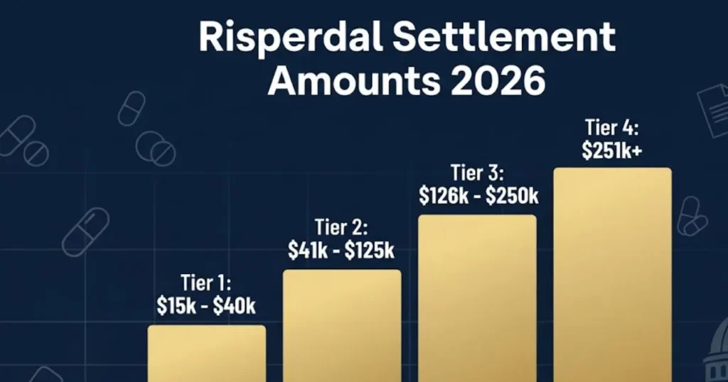 Risperdal settlement amounts 2026 infographic showing payout tiers with gold bar chart on navy background