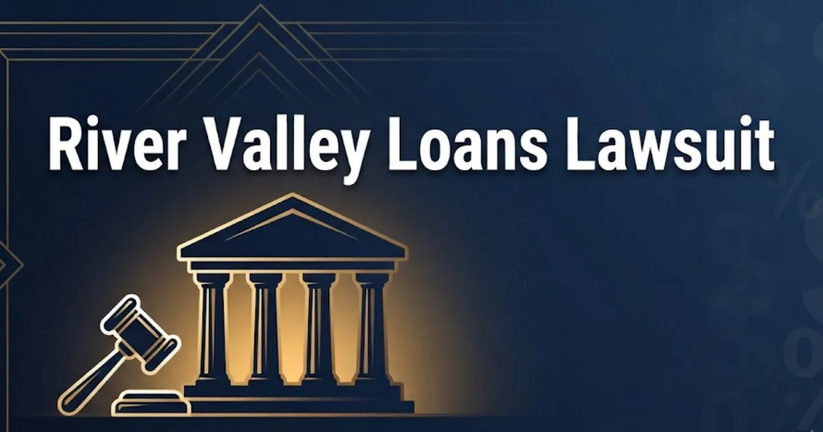 River valley loans lawsuit hero banner with courthouse silhouette and legal symbols on navy background
