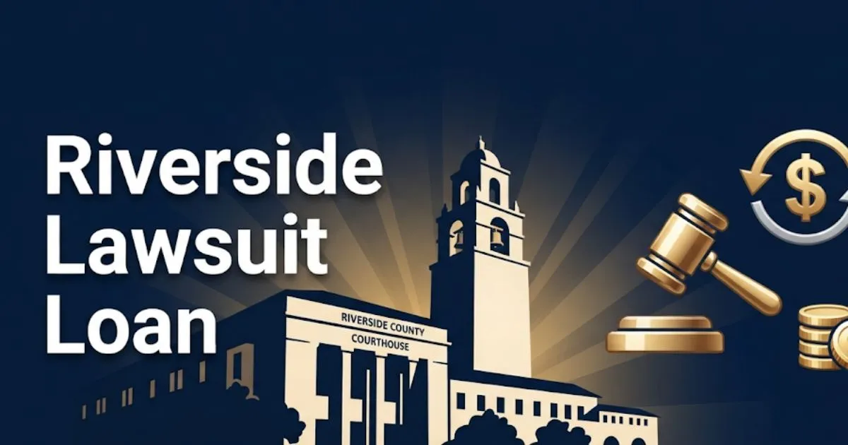Riverside lawsuit loan 2026 guide hero banner with courthouse silhouette and legal finance icons