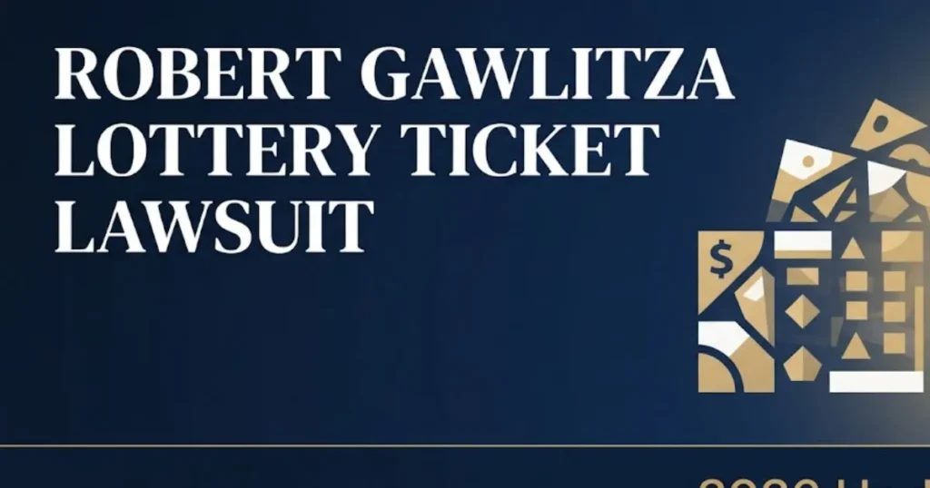 Robert Gawlitza lottery ticket lawsuit 2026 update hero banner with legal icons and navy gold design