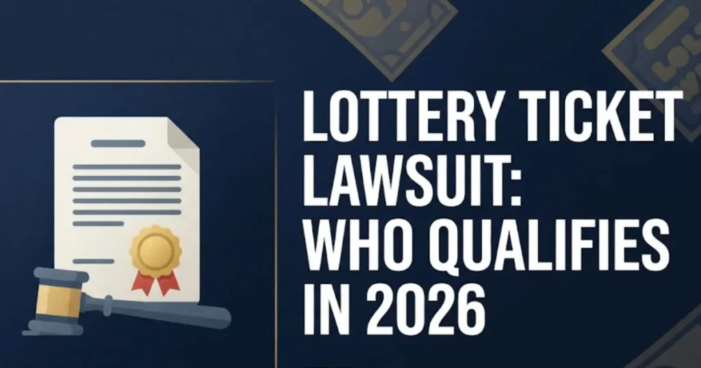 Robert Gawlitza lottery ticket lawsuit eligibility guide graphic with courtroom document icons and 2026 update text