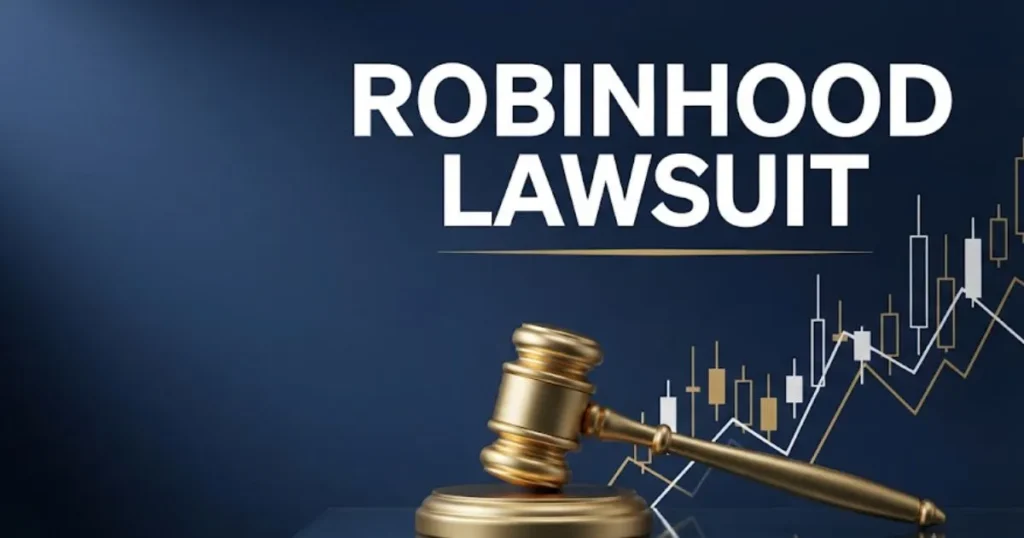 Robinhood lawsuit 2026 hero banner with gavel and stock chart on navy background