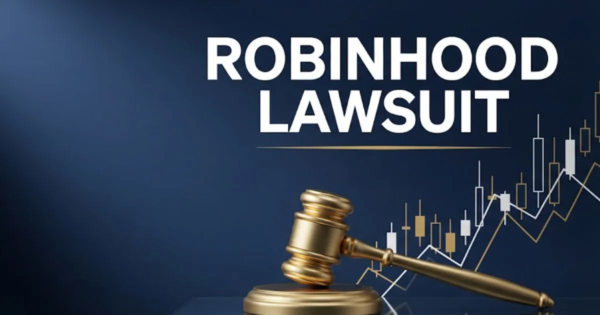 Robinhood lawsuit 2026 hero banner with gavel and stock chart on navy background