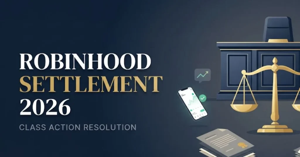 Robinhood settlement 2026 courtroom graphic with legal icons and trading app imagery