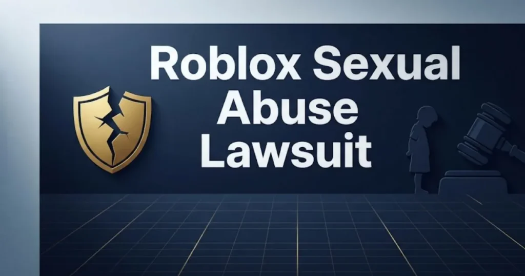 Roblox sexual abuse lawsuit 2026 blog banner with legal gavel and broken shield symbols on navy background.