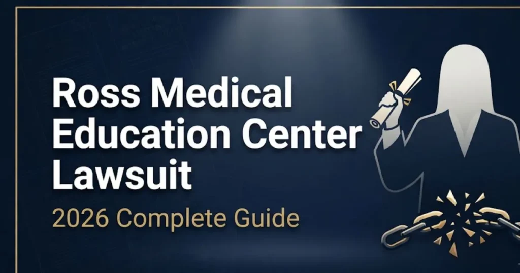 Ross Medical Education Center lawsuit 2026 guide banner with legal symbols and student silhouette on navy background