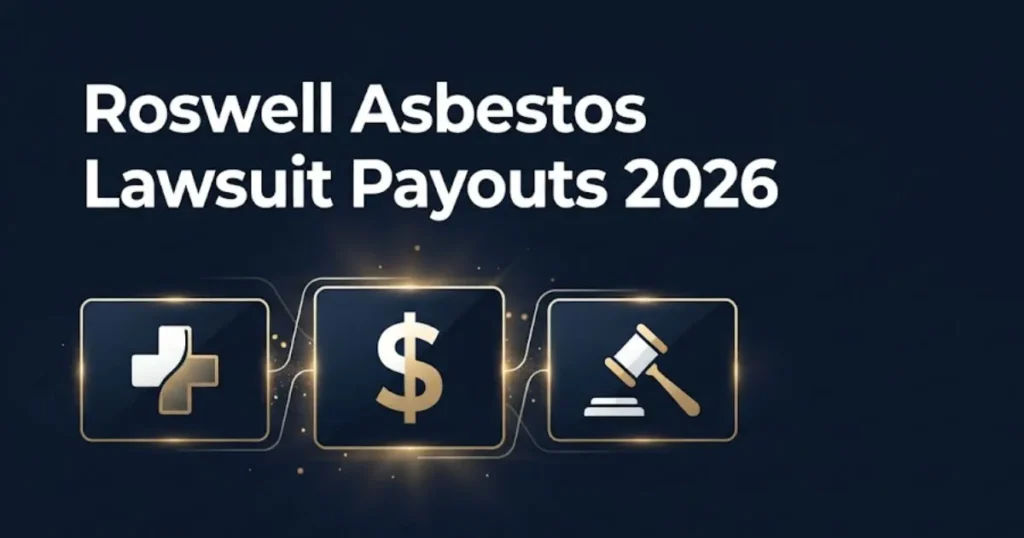 Roswell asbestos lawsuit hero banner with courthouse silhouette and legal symbols in navy and gold design (1)
