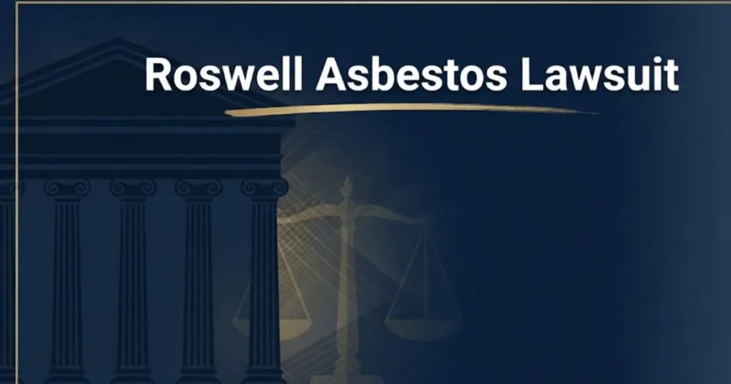 Roswell asbestos lawsuit hero banner with courthouse silhouette and legal symbols in navy and gold design